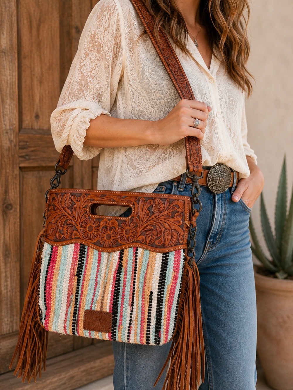 American Darling Tooled Leather Fringe Woven Boho Crossbody Bag